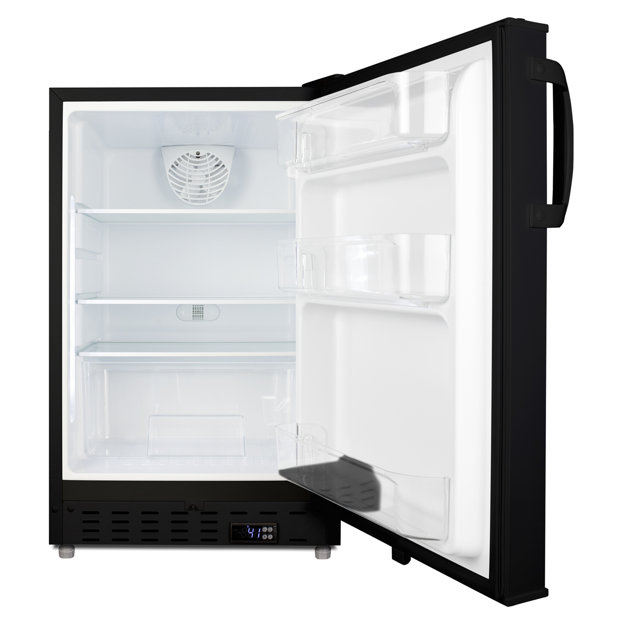 Built-in undercounter ADA compliant residential all-refrigerator in black with door storage and automatic defrost operation